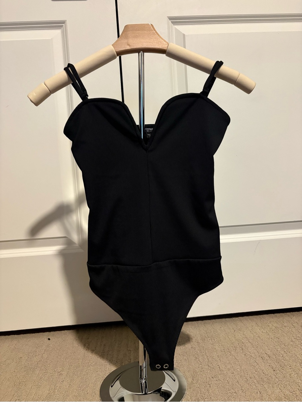 Express Black Ribbed V-Neck Strap Bodysuit